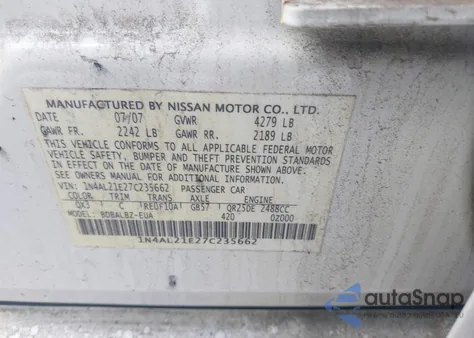 2007 Nissan Altima 2.5 S from USA, damaged, VIN 1N4AL21E27C235662